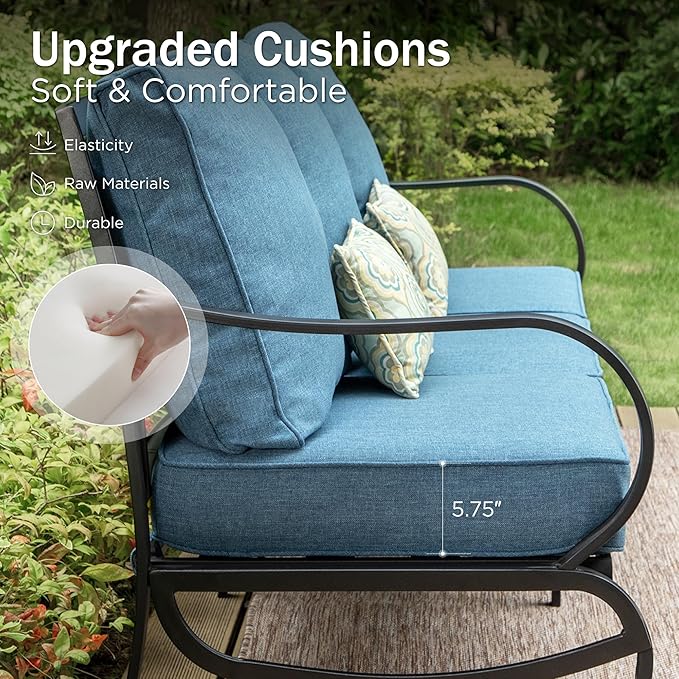 PHI VILLA 7 PCS Patio Furniture Set,Metal Outdoor Furniture with 1x 3 Seater Cushioned Deep Seating Bench Sofa, 2 Swivel Chair, 2 x Leg Chairs & 2 Ottoman for 7 Person, Navy Blue