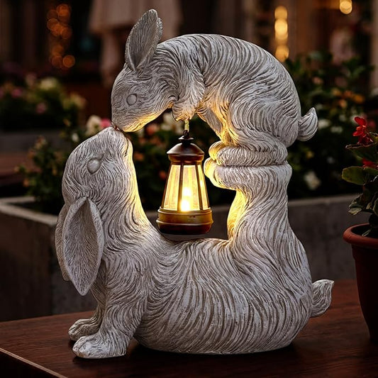 Pinkunn Easter Large Garden Statues Kissing Bunny Sculpture with Solar Lights 14.6" x 11.8" Easter Bunny Decoration Rabbit Lantern Figurine Outdoor Garden Yard Balcony Ornament Gift for Women Day