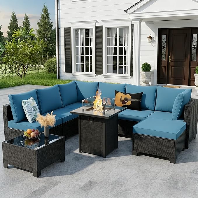 8 Piece Outdoor Patio Furniture Set with Fire Pit Table, Wicker Sectional Sofa Set with Thick Cushions, Perfect for Garden Lawn Pool or Backyard, (Brown/Peacock Blue)