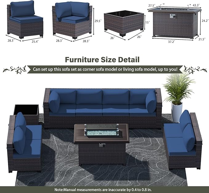 10 Pieces Outdoor Patio Furniture Set,Outdoor Sectional Furniture with 43" 55000 BTU Gas Propane Fire Pit Table,All Weather PE Rattan Wicker Patio Conversation Set,Navy Blue