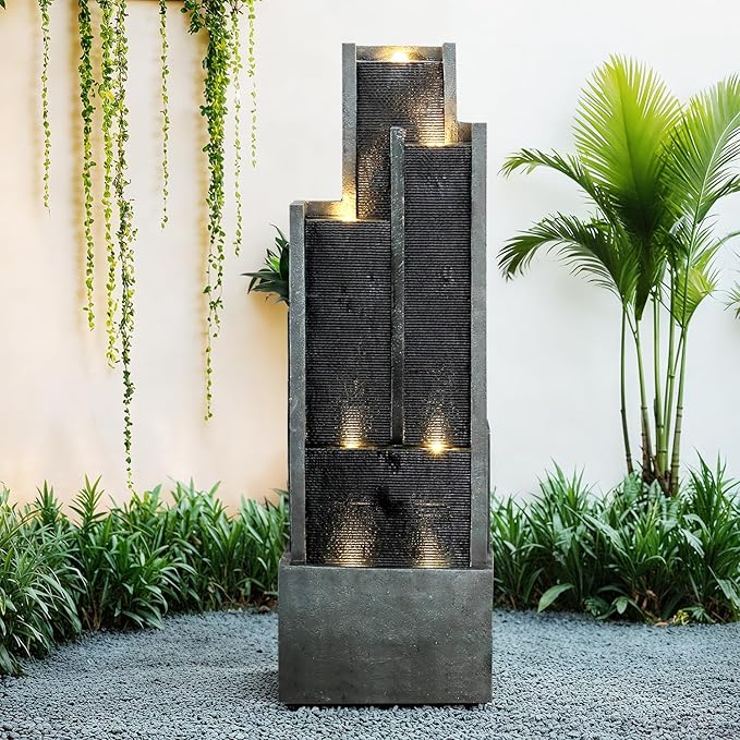 SunJet 5-Tier Modern Water Fountain, Indoor/Outdoor Resin Water Fountains with Soothing Water Sounds & Warm LED Light, Perfect for Garden, Patio, Home & Office, 16.9" L x 9.8" W x 50.7" H
