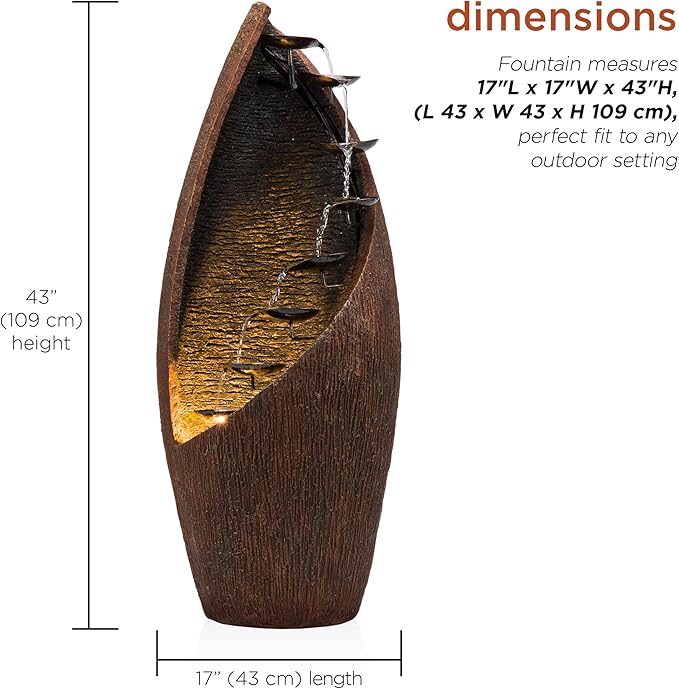 Alpine Corporation 43" Tall Outdoor Floor Contemporary Tiered Bronze Metal Water Fountain with LED Lights, Stylish Outdoor Water Feature for Garden and Patio Decor, Brown