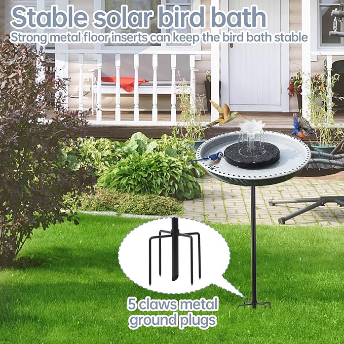 Solar Powered Bird Bath with Fountains for Hummingbirds,Stable Stylish Design with 5-Prong Base Metal Stake Plastic Bird Baths for Outside Lawn Patio Yard Garden