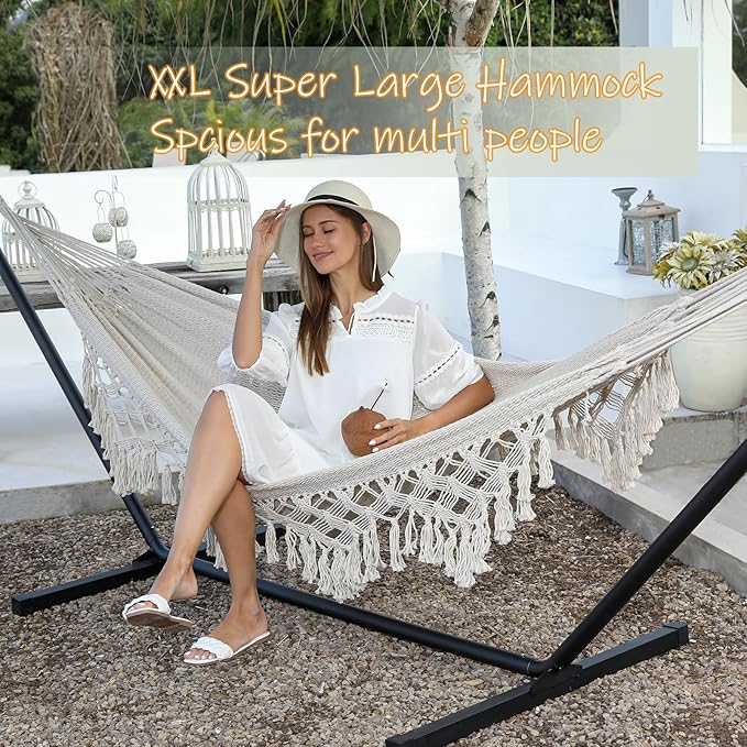 ZEAN Handwoven Hammock with Tassels by Thick Cotton Rope XL Two Person Hammock for Outside Patio Backyard Garden Beach 550LB Capacity - Image 3
