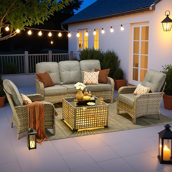 HOOOWOOO Outdoor Patio Furniture Set with Light Table,4 Pieces Wicker Conversation Set,All Weather High Back Couch Sofa Chairs Set,Charcoal Gray