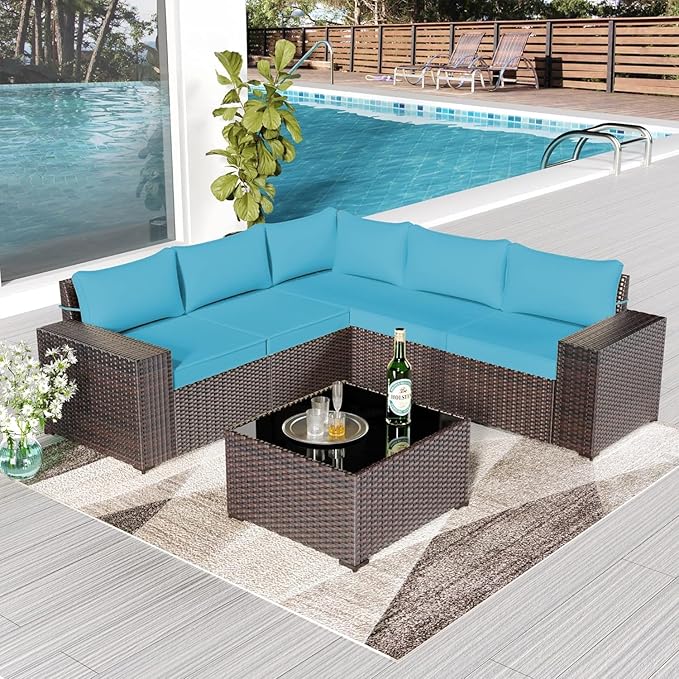 6 PCS Outdoor Patio Furniture Set,Outdoor Sectional Furniture All Weather PE Rattan Wicker Patio Conversation Set with Coffee Table and 5 Thickened Cushions,Turquoise Blue
