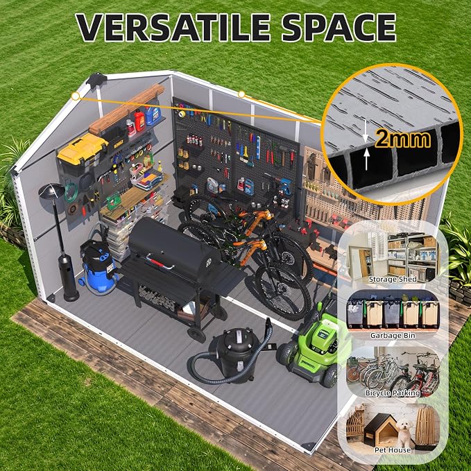 MELLCOM 8 x 12 FT Plastic Outdoor Storage Shed with Floor, Outdoor Resin Storage Tool Shed with Windows and Lockable Door, Resin Garden Shed for Lawnmower, Bike, Garbage Can - Image 3