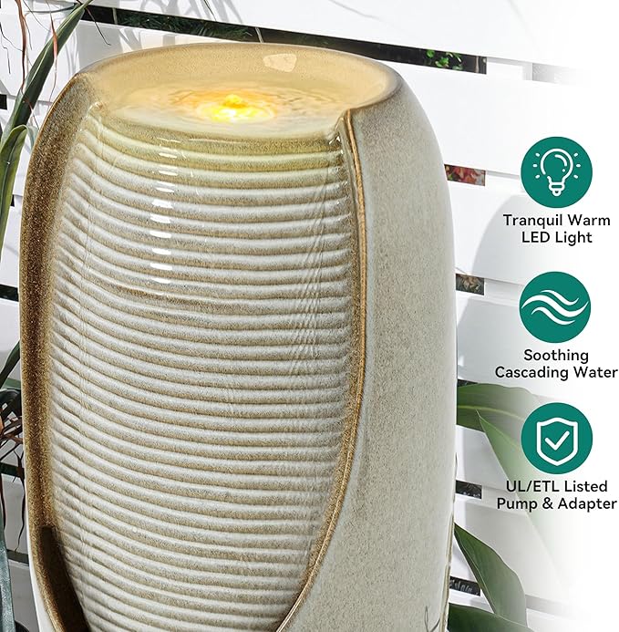 32" H Outdoor Garden Fountain with LED Lights, Modern Ceramic Jar Water Feature, Tropical Leaf Embossed Pattern, Beige Glaze, Soothing Cascading Waterfall for Patio, Yard, Porch