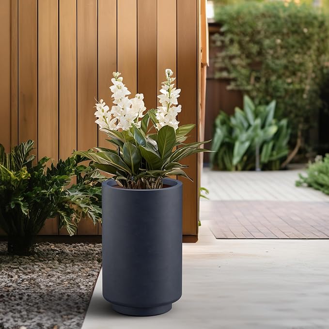Kante 20.1 Inch Tall Concrete Planter, Round Pedestal Design Garden Pot for Indoor Outdoor Plants, Modern Garden Pot with Drainage Hole, Charcoal Finish with Painted Interior
