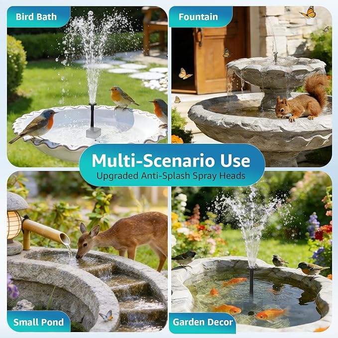 Solar Fountain Pump for Bird Bath, 4W Solar Water Fountain with 5 Spray Modes & 4ft Hose, 9.8ft Power Cord, Dry-Run Protection & Low Noise for Garden Small Pond Fish Tank DIY Water Feature