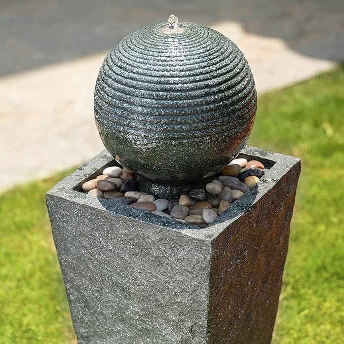 Glitzhome Water Fountain Outdoor with LED Light, Sphere Pedestal Outdoor Fountain, Modern Ball Waterfall Fountains Water Feature for Garden Patio Deck Porch, 31.7”H