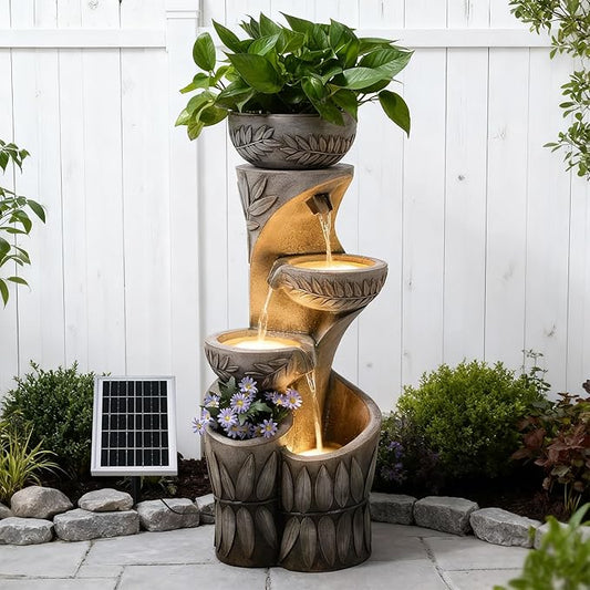 4 Tiered Solar Water Fountain Outdoor Garden, 35.6" Tall Cascading Bowl Leaf Carved Outdoor Waterfall Fountains Modern Water Feature with Dual Planters for Garden, Patio, Deck, Yard, Indoor Decor