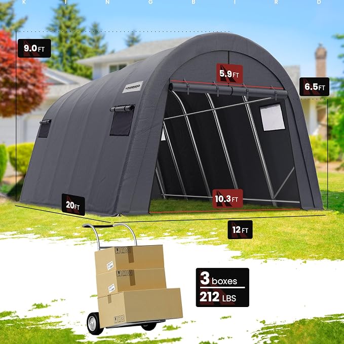 KING BIRD 12' x 20' Oval Pipe Heavy Duty Carport with Roll-up Ventilated Windows for SUV, Full-Size Truck and Boat, Round Style Anti-Snow Car Canopy Outdoor Boat Shelter with Reinforced Ground Bars - Image 9