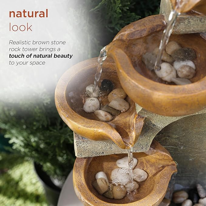 Alpine Corporation WCT726 | 16"H Indoor/Outdoor Tabletop Tiered Pouring Pots Waterfall Fountain — Natural Stone-Look Finish Adds Rustic Charm — Brown