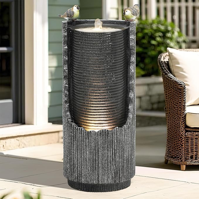 32" Rustic Cracked Jar Water Fountain Outdoor with LED Lights, Polyresin Freestanding Waterfall Feature, Tranquil Oasis for Garden, Patio, Yard, or Porch