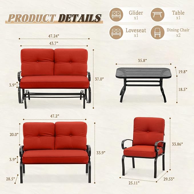 5 Pcs (6 Seats) Outdoor Patio Furniture Conversation Sets, Glider, Loveseat and Coffee Table, 2 Lounge Chairs with Cushions (Red)