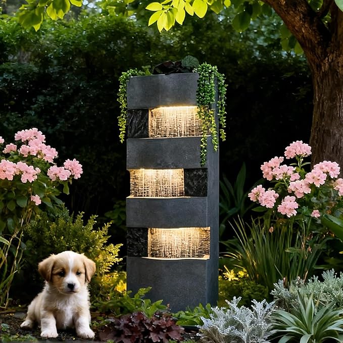 40.5''H Garden Water Fountain Outdoor,4 Tiered Floor Standing Waterfall Outdoor Fountains with LED Lights for Garden, Patio, Backyard, Deck, Porch and Home Art Decor