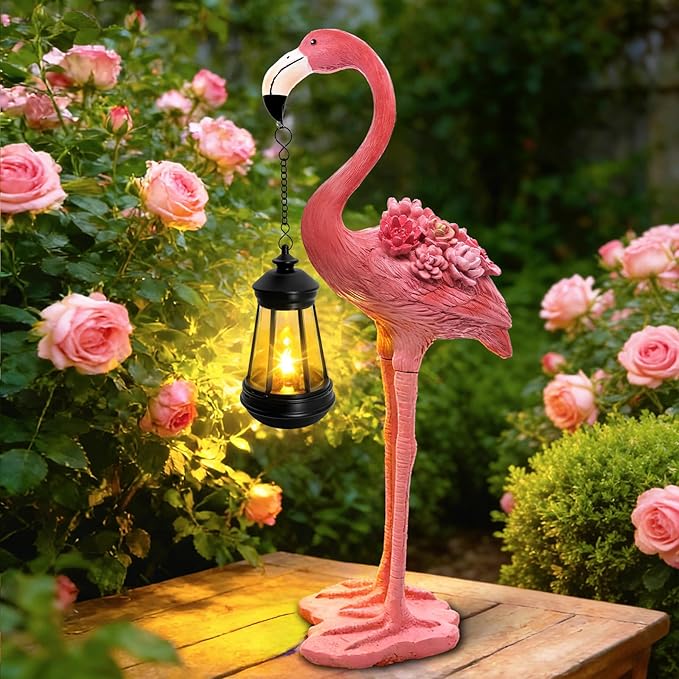 Flamingo Solar Garden Statue, 18.9 Inch Flamingo Figurine with Hanging Solar Lanterns, Outdoor Garden Decor Tropical Sculpture Statues for Patio Yard Porch, Birthday Gifts for Mom Women Mother's Day