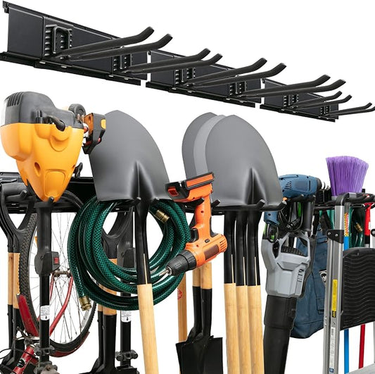 TIDYME Garage Tool Organizer Wall Mount - 48 inches - Sturdy Storage Rack with Adjustable Hooks, Anti-Rust - Easy Installation, 300lbs Capacity - Garden Tool Organizer (03 Racks & 06 Hooks) by Tidyme