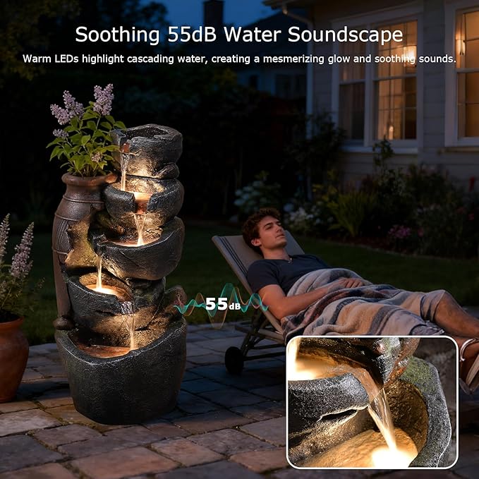 5 Tiered Rock Water Fountain Outdoor with Vintage Jar, Cascading Waterfall Fountain with LED Lights, Outdoor Fountains for Garden or Patio, Yard, and Deck Decor, 16.5" L x 12.6" W x 31.7" H