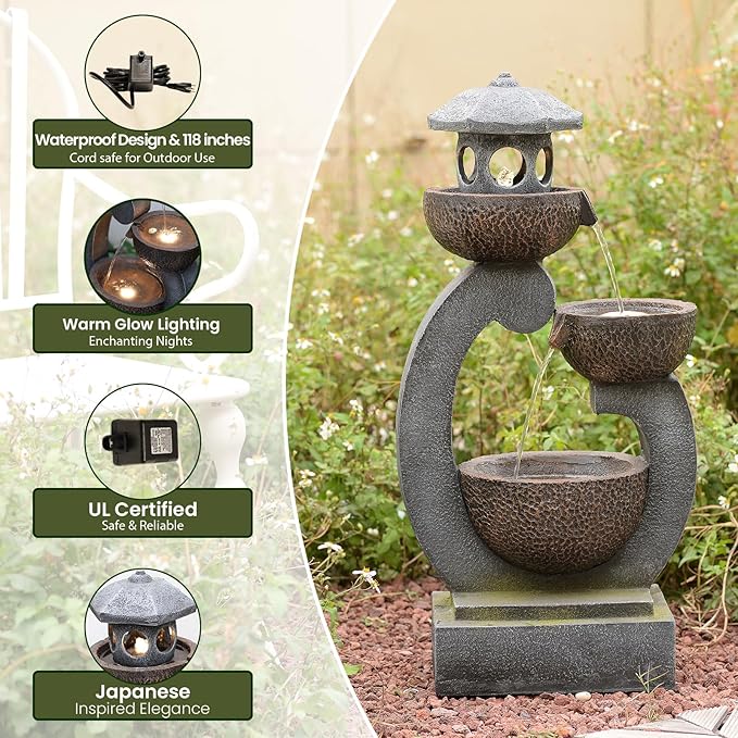 36 inches Garden Water Fountain Outdoor Zen Pagoda Japaness Modern Tranquil Waterfalls Fountains Bowl with LED Lights & Pump for Patio Yard Porch Deck Home Decor Gray