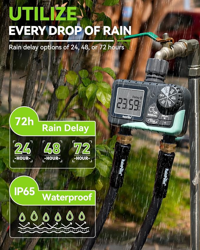 RAINPOINT Water Timer for Garden Hose - 2 Zone Sprinkler Timer with Rain Delay/Manual Watering/Automatic Irrigation for Yard Lawn - Image 6