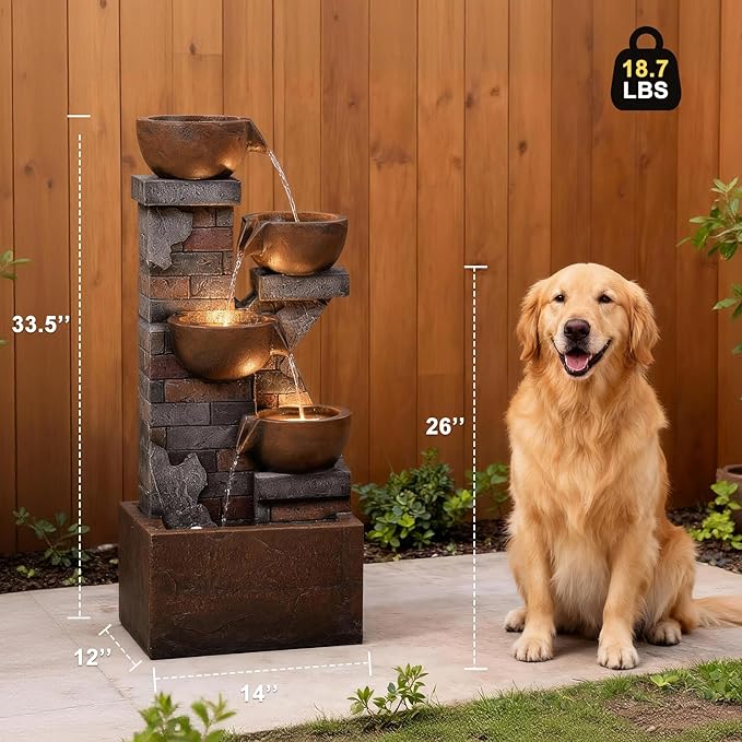 5 Tiers Water Fountain Outdoor Garden - 33.5" H Shape K Indoor Waterfall Fountain with LED Lights for Patio, Balconies, Lawns, Deck, Porch Backyard and Home Art Decor