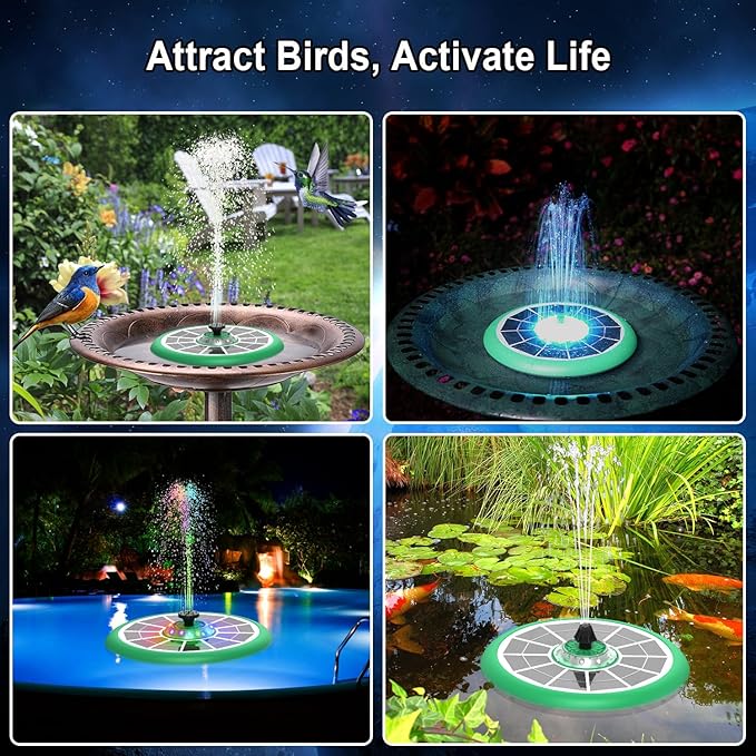 Solar Fountain UFO Style, 2026 Upgrade 5W Glass Solar Panel Bird Bath Fountain with LED Lights, 4000mAh Backup Battery, 7 Nozzles for for Garden, Pond, Pool, Patio Outdoor Water Feature