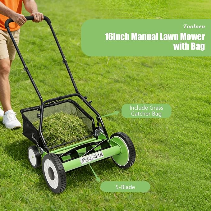 16" Push Reel Lawn Mower,5 Blades Cordless Manual Reel Lawn Mower, 1.3-2.5 Inch Adjustable Cutting Height, Manual Push Mower with Grass Catcher Bag, Green - Image 6