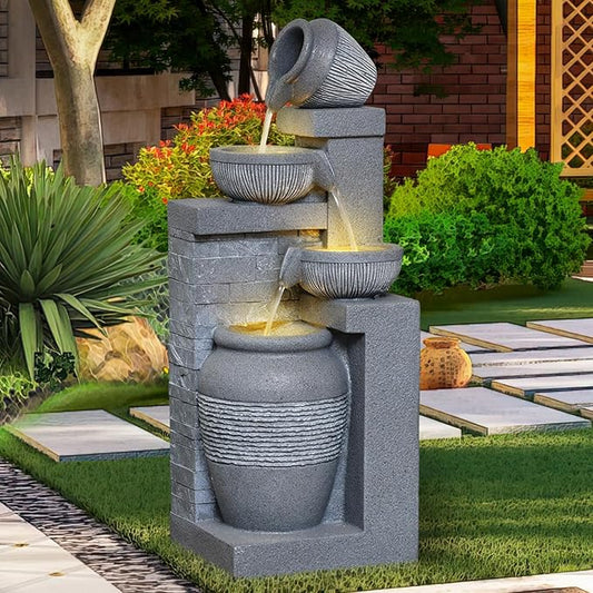 31.89" Outdoor Garden Water Fountain with Lights 4 Tiers Cascading Large Waterfall Floor Standing Fountain for Patio, Backyard, Deck, Porch and Home Art Decor