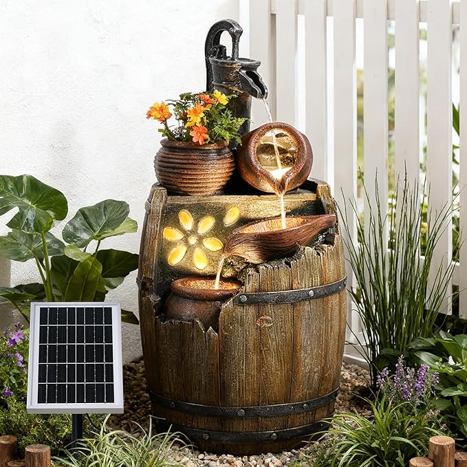 Solar Water Fountain Outdoor Rustic Pump and Barrel, 29" H Cascading Solar Powered Waterfall Fountains Outside Feature with LED Lights for Garden, Patio, Porch, Backyard Decor