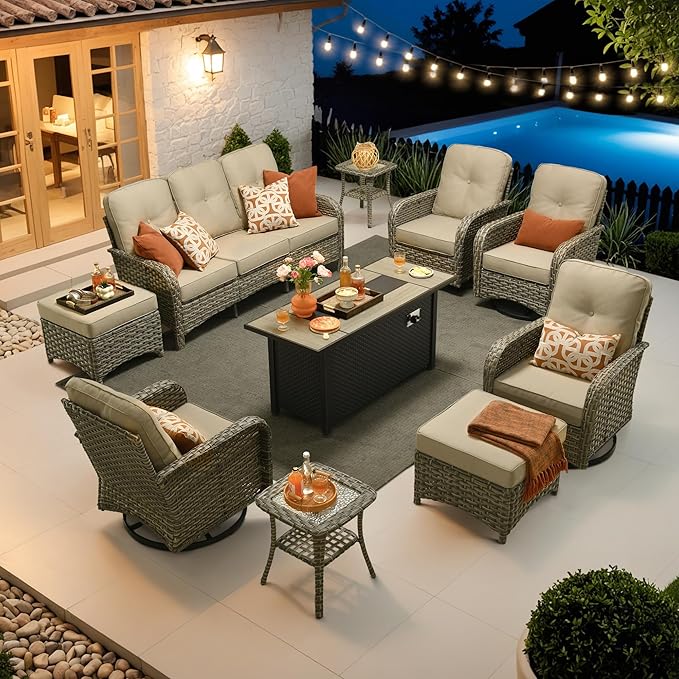 HOOOWOOO Outdoor Patio Furniture Set with Fire Pit Table,10 Pieces Wicker Conversation Set,All Weather High Back Couch Sofa Swivel Chairs Ottomans Ottomans Set,Beige