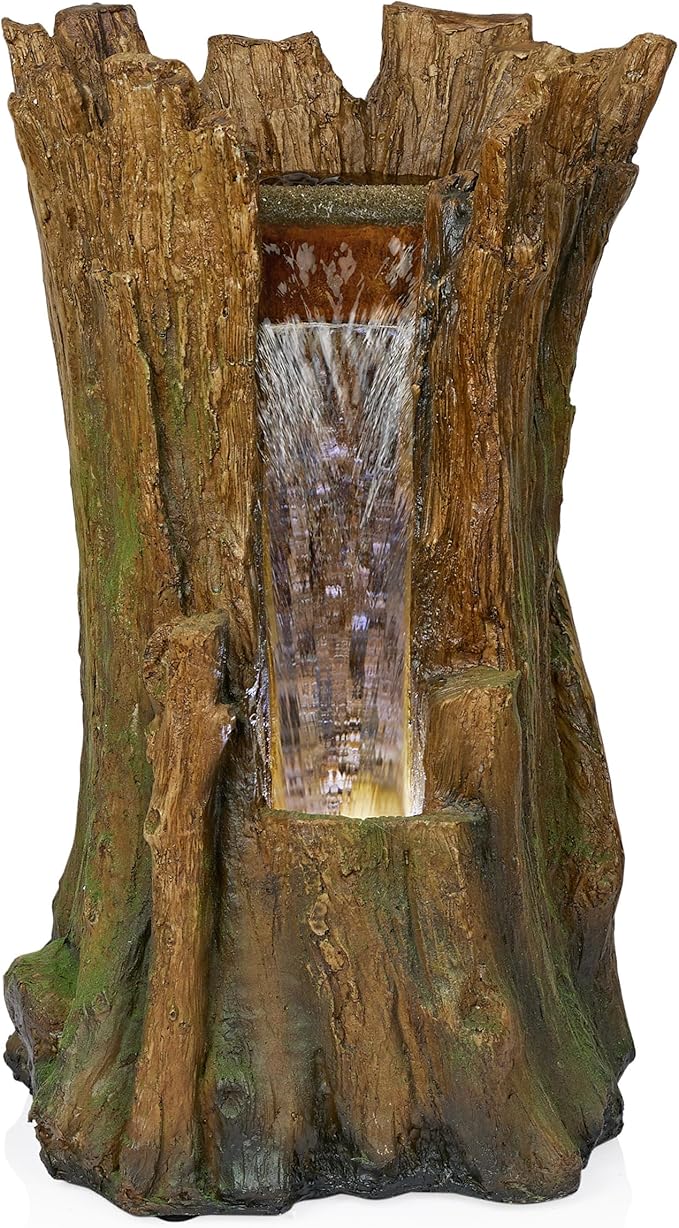 Alpine Corporation TZL294 Outdoor Tree Trunk Floor Fountain with Cool White LED Lights, Tiered Garden Decor, 22" H, Brown