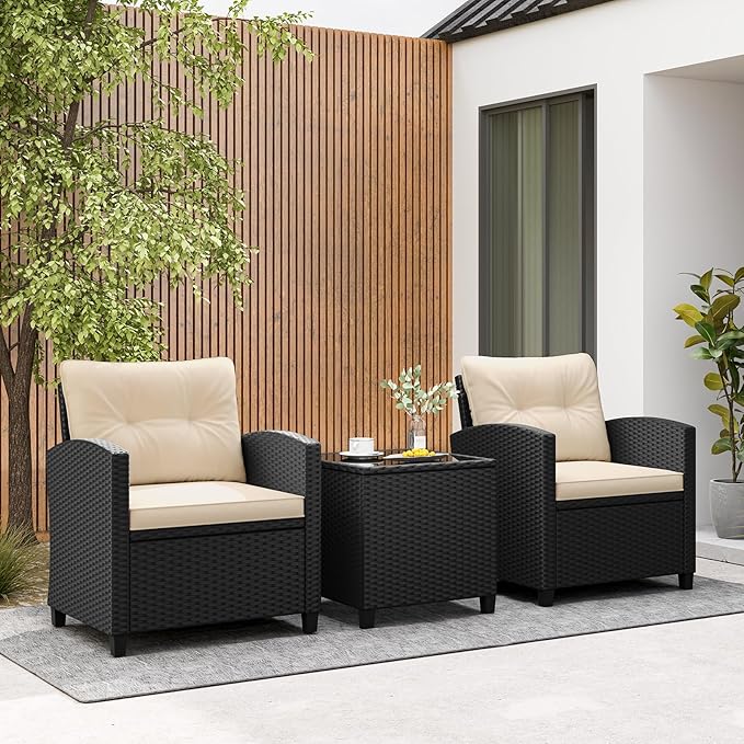 RELAX4LIFE 3-Piece Patio Furniture - Wicker Rattan Bistro Sofa Set w/Glass Top Coffee Table, Washable Cushions for Porch Balcony Backyard Poolside, Outdoor Conversation Set (Beige)