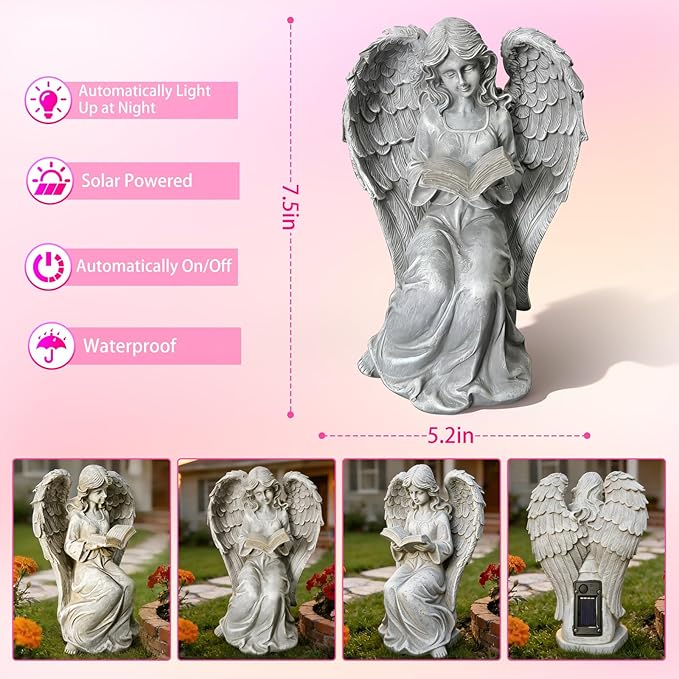 Solar Garden Outdoor Angel Statues with Book, Book Lovers Gifts for Balcony Patio Lawn Table Yard Ornaments, Solar Resin Fairy Waterproof LED Lights, Birthday Gifts for Women Mom Grandma