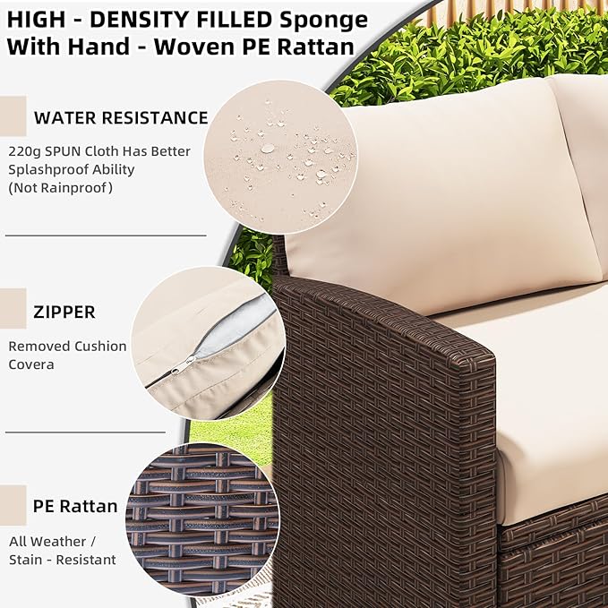 AECOJOY Outdoor Patio Furniture Set with Waterproof Cover, 7 Pieces Clearance Sectional Rattan Dining Table&Chairs, All Weather Wicker Conversation Sofa Couch, Khaki Cushions&Brown Rattan