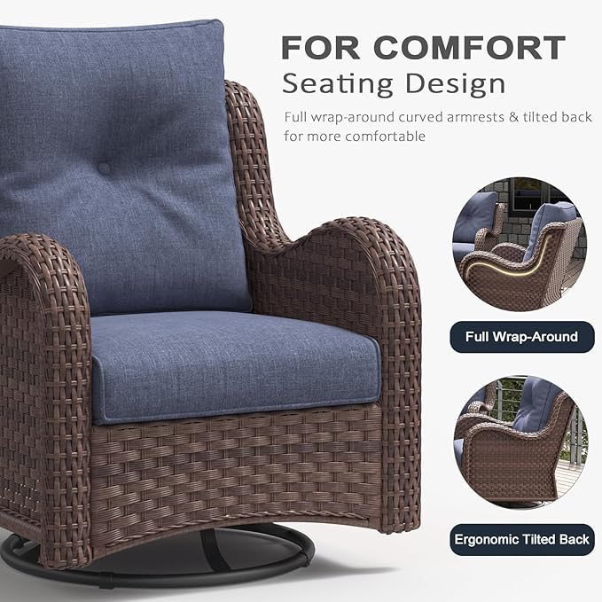 LayinSun 10Pcs Patio Furniture Set with Fire Pit Table, Rattan Wicker Swivel Rocker Chairs, Glider, Single Chairs, Ottomans & Coffee Table (Brown/Navy), Modern Style