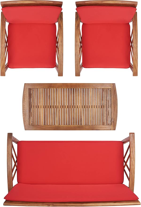 SAFAVIEH Outdoor Collection Fontana Natural/Red Cushion 4-Piece Conversation Patio Set