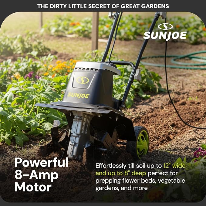 Sun Joe Electric Garden Tiller and Cultivator with 3 Position Height Adjustment Maximum 12-inch Cultivating Width and 8 Amp Motor, TJ602E - Image 5