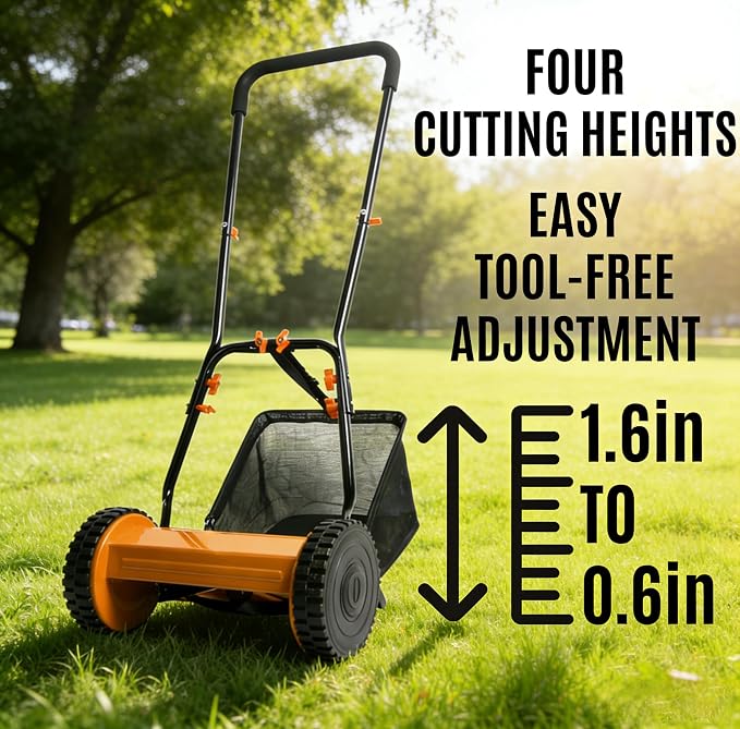 16in Push Along Lawn Mower - Lightweight 17.2 lbs - 4 Cutting Heights 0.6" to 1.6" - Rear Roller for Stripes - 16in Heavy Duty Steel Blades - 6.5 Gallon Collection Box (16 in) - Image 3