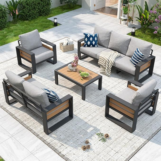 Aoxun Aluminum Patio Furniture Set, 5 Piece Luxury Outdoor Sectional with 6" Olefin Fabric Cushions, Patio Conversation Sets with Coffee Table and Waterproof Cover for Backyard, Porch Light Grey