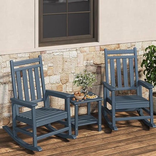 Garvee HDPE Rocking Chair Outdoor Set of 2 with Side Table - Poly High Back Porch Rocker Chairs for Adults - All Weather Resistant Furniture for Patio Front Porch - Navy Blue by Garvee