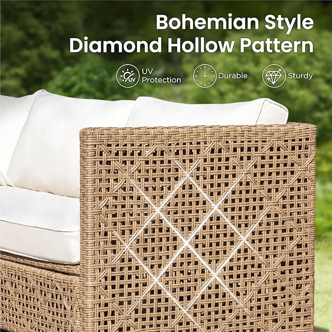 PHI VILLA 6 Seats Outdoor Sectional Sofa with Cushions and Acacia Wood Coffee Table, Patio Conversation Set for Garden, Backyard or Balcony, Beige