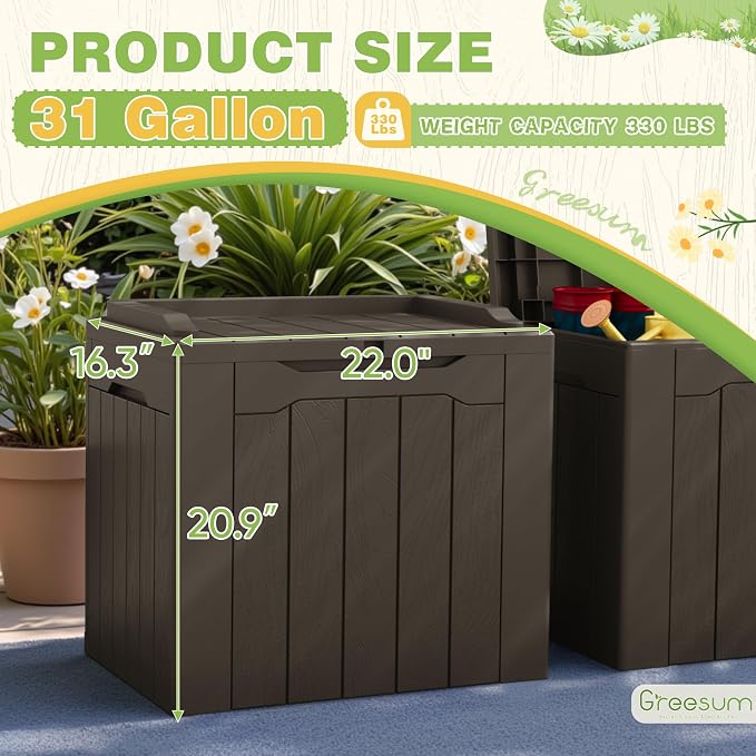 Greesum 31 Gallon Deck Box for Outside, All Weather Outdoor Storage Boxes for Patio Furniture Set, Package Delivery Box, Garden Tools, Brown(Set of 2) - Image 7
