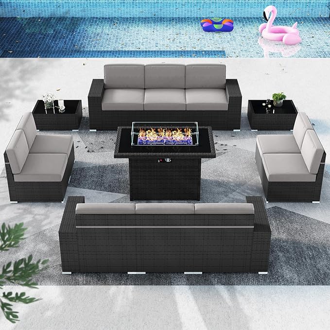 13 Pieces Patio Furniture Set with 44" Propane Gas Fire Pit Table, Outdoor Sectional Wicker Conversation Sofa Sets with Coffee Table