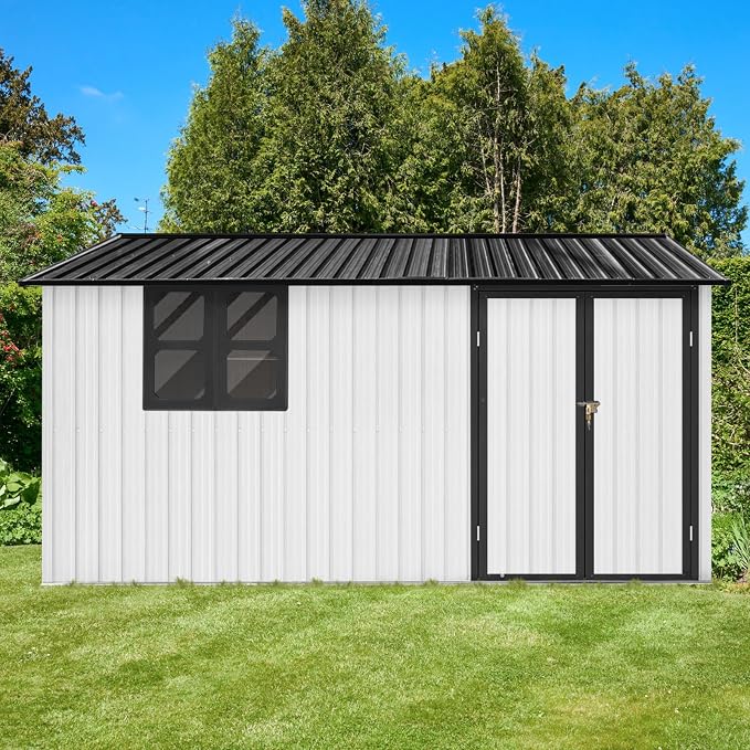 10x12 FT Outdoor Storage Shed, Large Metal Garden Shed with 4-pane Window, Outside Tool Shed with Lockable Hinged Door & 4 Air Vents, Waterproof Storage Building for Backyard, Patio, Lawn, White+Black - Image 8