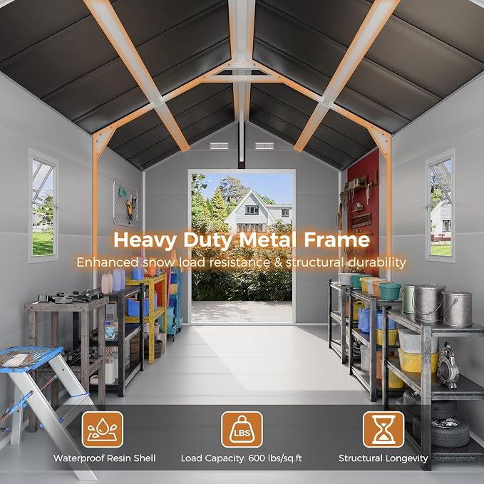 CDCASA Resin Storage Shed 8x12 FT, Waterproof Outdoor Sheds Heavy Duty Aluminum Frame Outside Plastic Tool Shed with Adjustable Openable Windows, Lockable Door for Backyard, Garden, Lawn, Dove Grey - Image 6