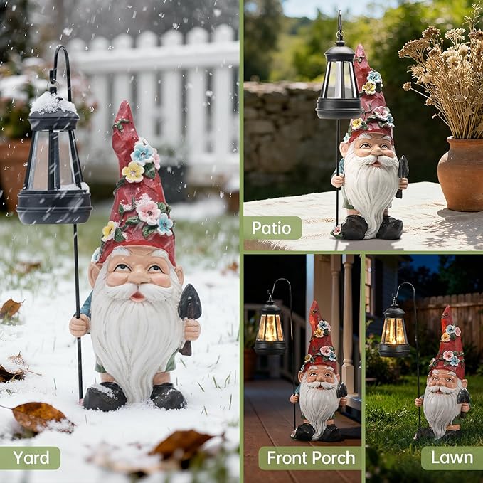 Garden Gnomes Statue with Solar Lantern, Outdoor Gnome Decorations for Yard, Outdoor Figurine Ornament with LED Lights for Patio Lawn, Valentine's Day Birthday Gift for Women Mom Grandma