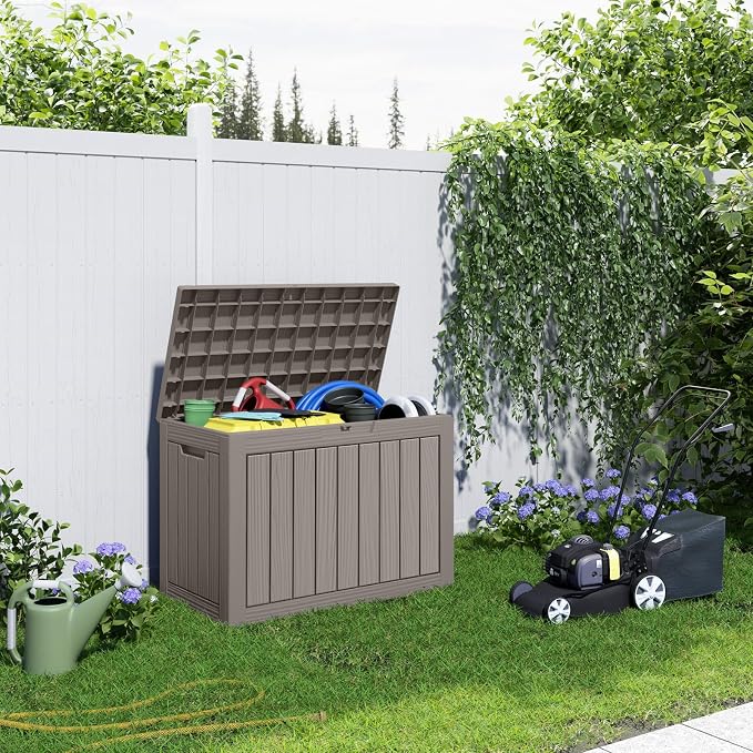 PatioZen 45 Gallon Resin Deck Box, Lockable Patio Outdoor Storage Box for Furniture, Garden Tools and Tools Storage, Waterproof Outside Storage Boxes - Grey - Image 5