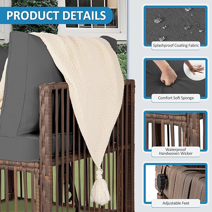 FHFO 7 Piece Patio Furniture Set, Outdoor Wicker Sectional Sofa Conversation Set Couch with Adjustable Backrest, Thick Cushion & Coffee Table for Garden, Porch, Poolside, Brown/Grey